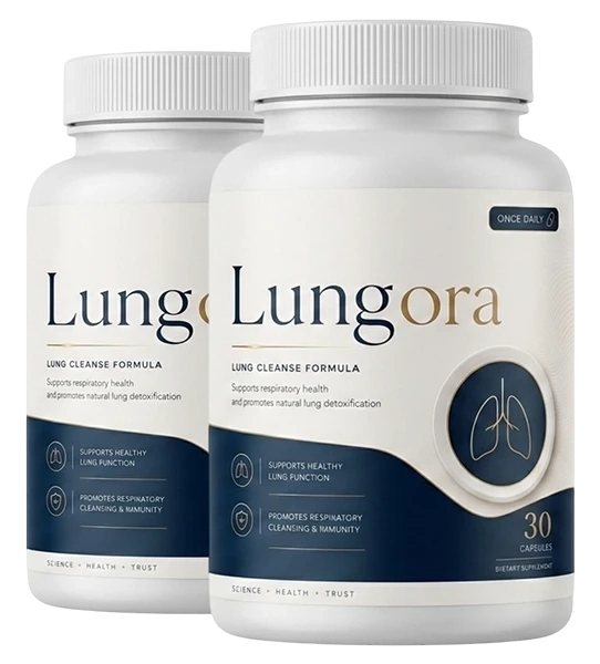 Two Lungora bottles with white packaging, navy and gold labels, and a lung symbol